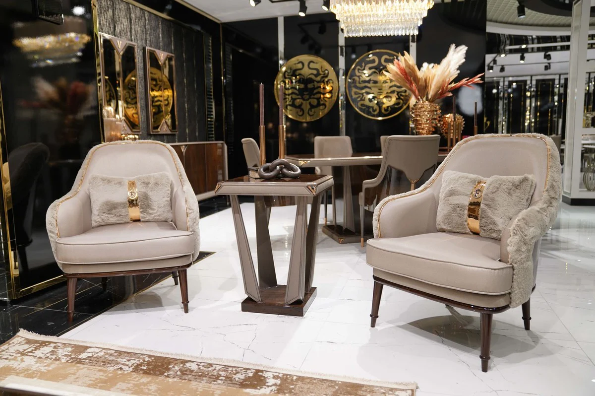 Luxus Beistelltisch Dunkelbraun / Grau / Kupfer - Quadratischer Massivholz Tisch - Wohnzimmer Möbel - Wohnzimmer Einrichtung - Luxus Möbel - Luxus Einrichtung - Luxus Qualität