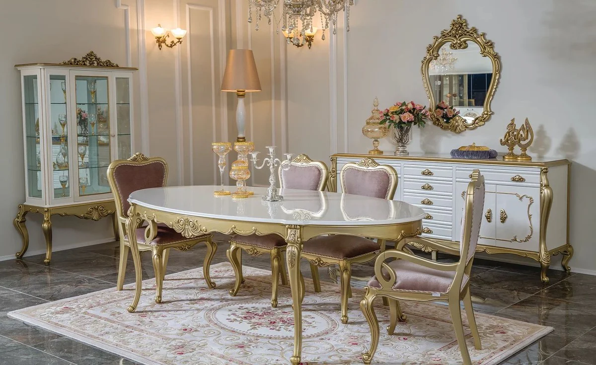 Luxus Barock Esszimmer Set Rosa / Weiß / Gold - 1 ovaler Esstisch & 6 Esszimmerstühle - Prunkvolle Esszimmer Möbel im Barockstil