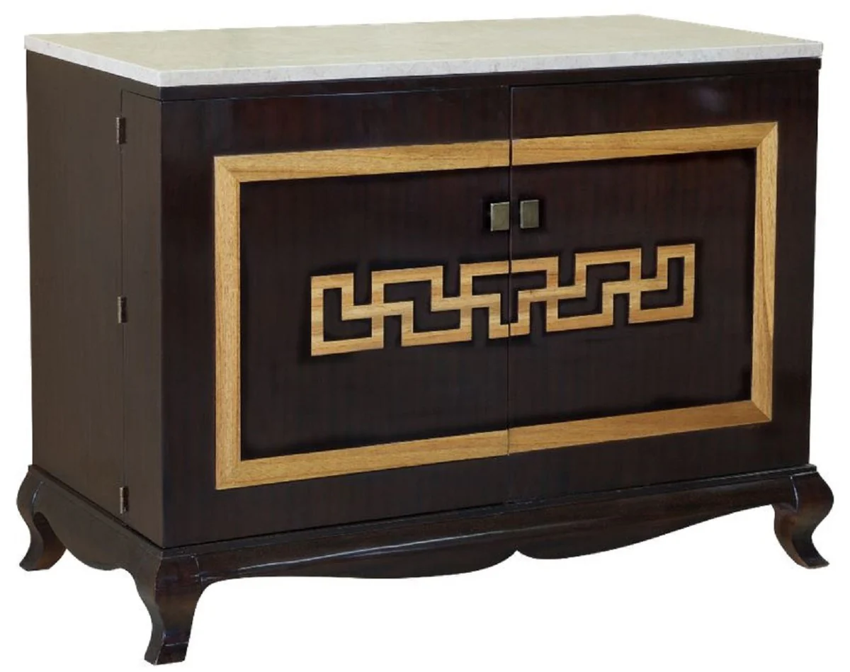 Luxus Barock Likörschrank Schwarz / Naturfarben / Creme 110 x 55 x H. 87 cm - Massivholz Barschrank - Schnapsschrank mit Marmorplatte - Bar Möbel im Barockstil