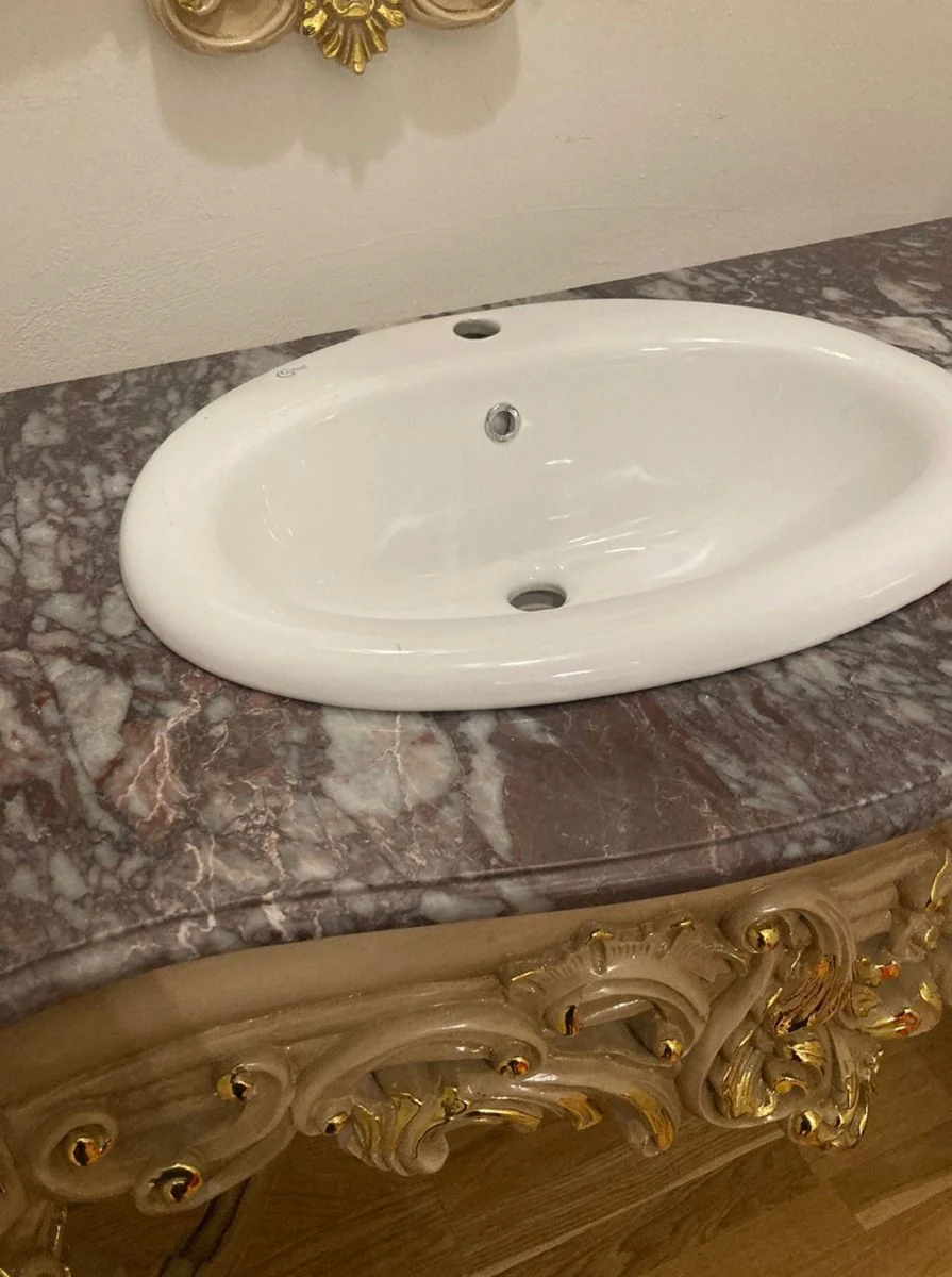 Barock Badezimmer Set Grau / Gold - 1 Waschtisch & 1 Keramik Waschbecken & 1 Wandspiegel - Badezimmer Möbel im Barockstil - Barock Möbel - Barock Einrichtung