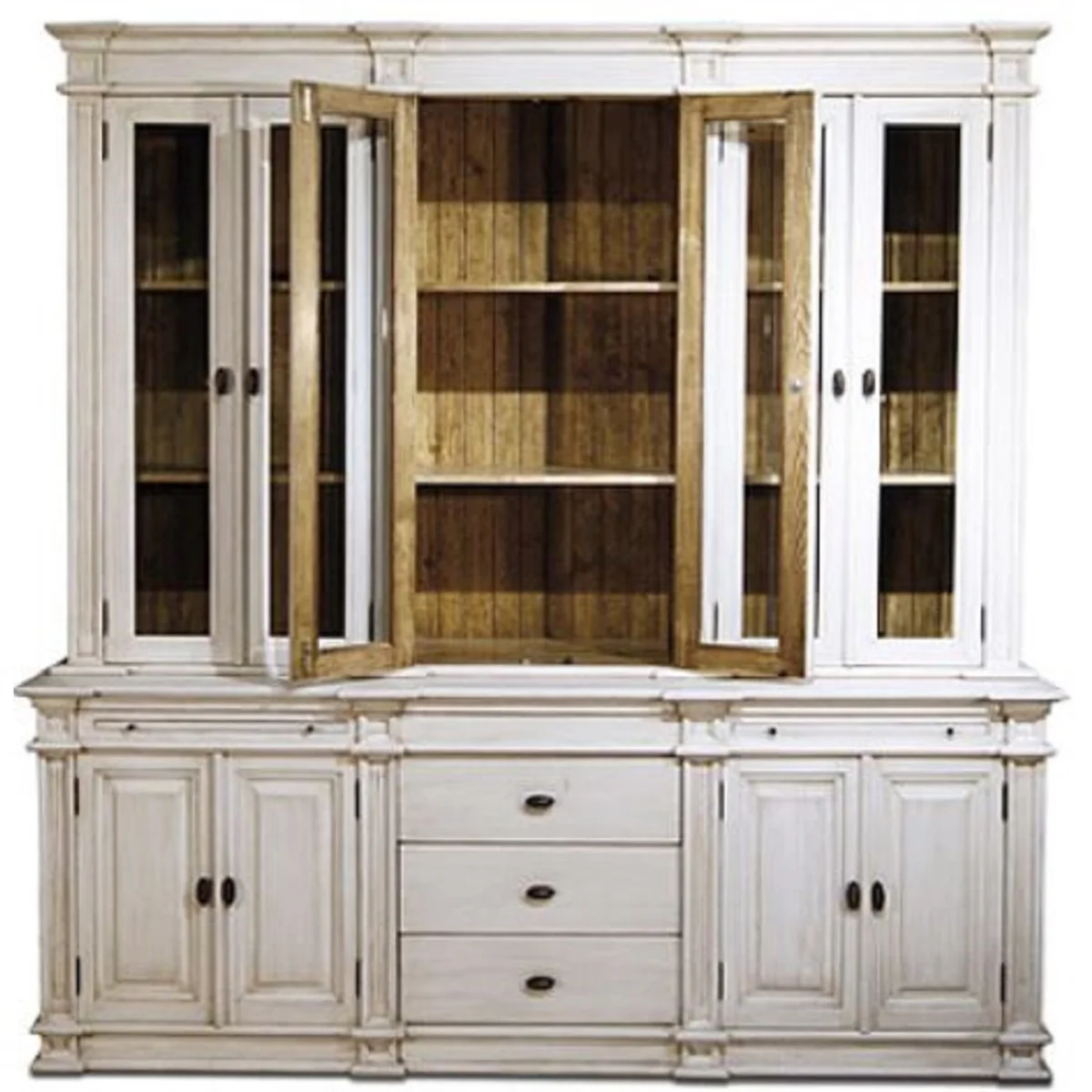 Landhausstil Küchenschrank Antik Weiß / Braun 225 x 53 x H. 230 cm - 2 Teiliger Küchenschrank mit 10 Türen und 3 Schubladen