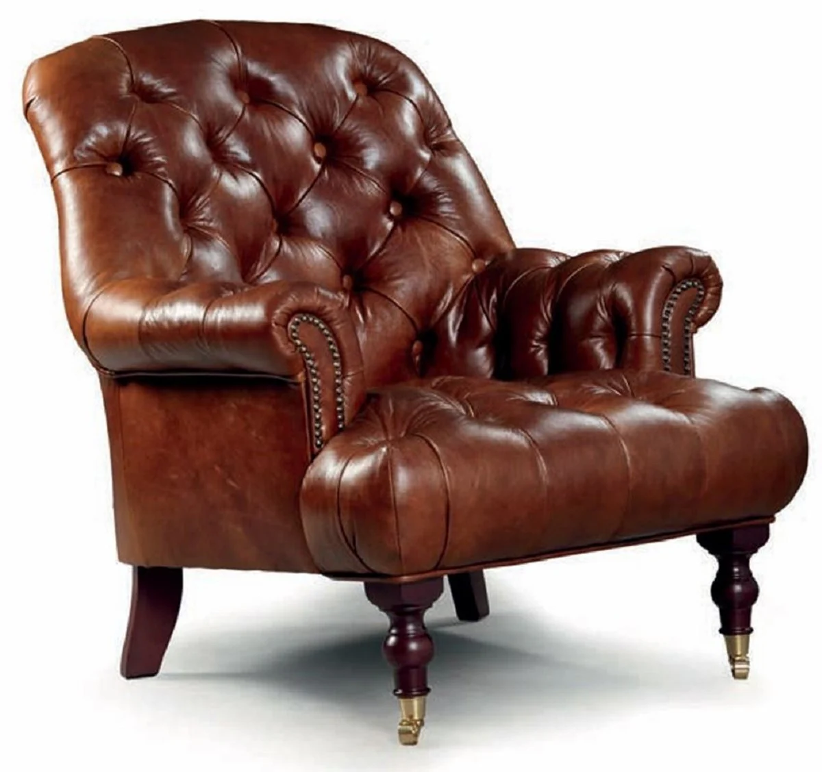 Luxus Chesterfield Echtleder Sessel Braun / Messing H. 89 cm