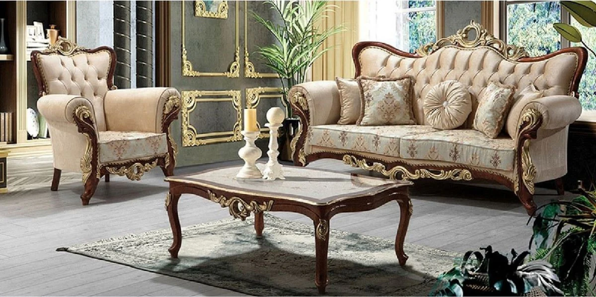 Luxus Barock Sofa Beige / Braun / Gold 230 cm - Barock Wohnzimmer Möbel