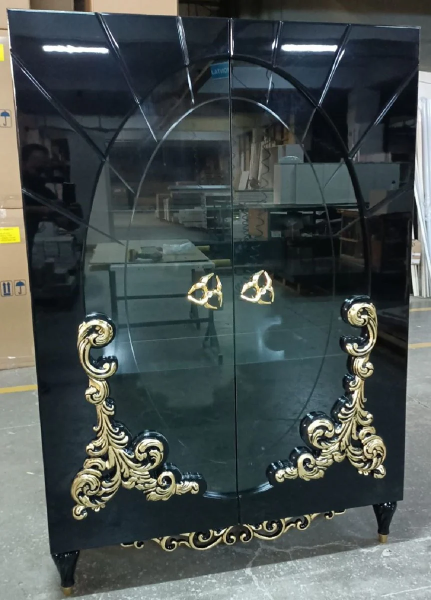 Luxus Barock Vitrine Schwarz / Gold 116 x 46 x H. 170 cm - Beleuchteter Massivholz Vitrinenschrank mit 2 Glastüren - Edle Barock Möbel