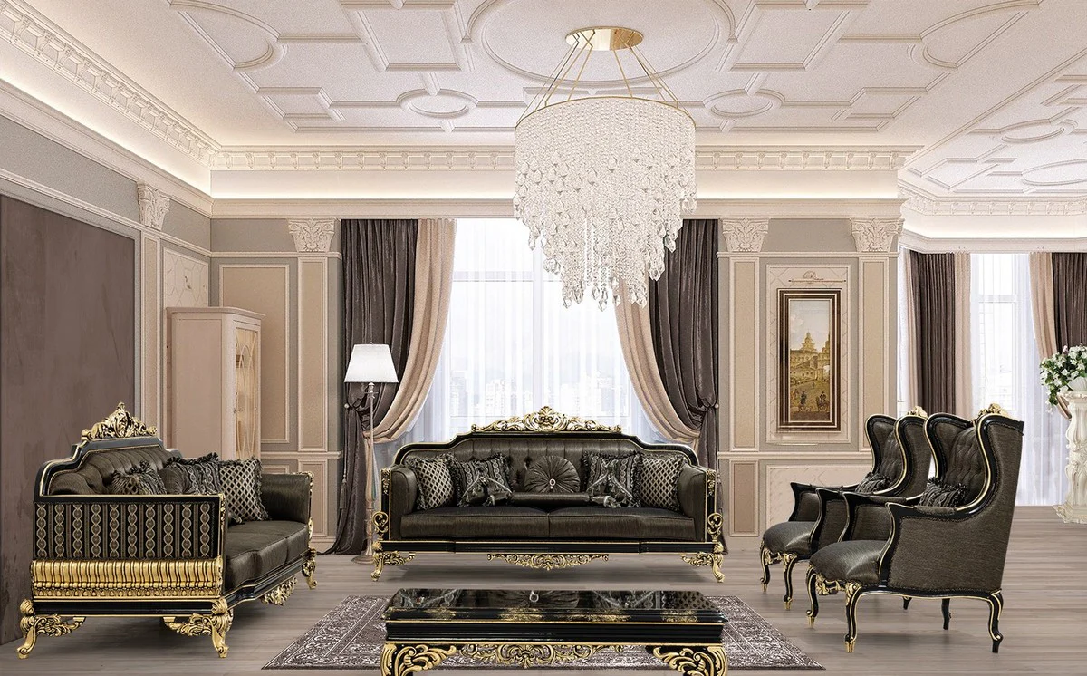 Luxus Barock Wohnzimmer Set Grau / Schwarz / Gold - 2 Sofas & 2 Sessel & 1 Couchtisch - Prunkvolle Barock Wohnzimmer Möbel