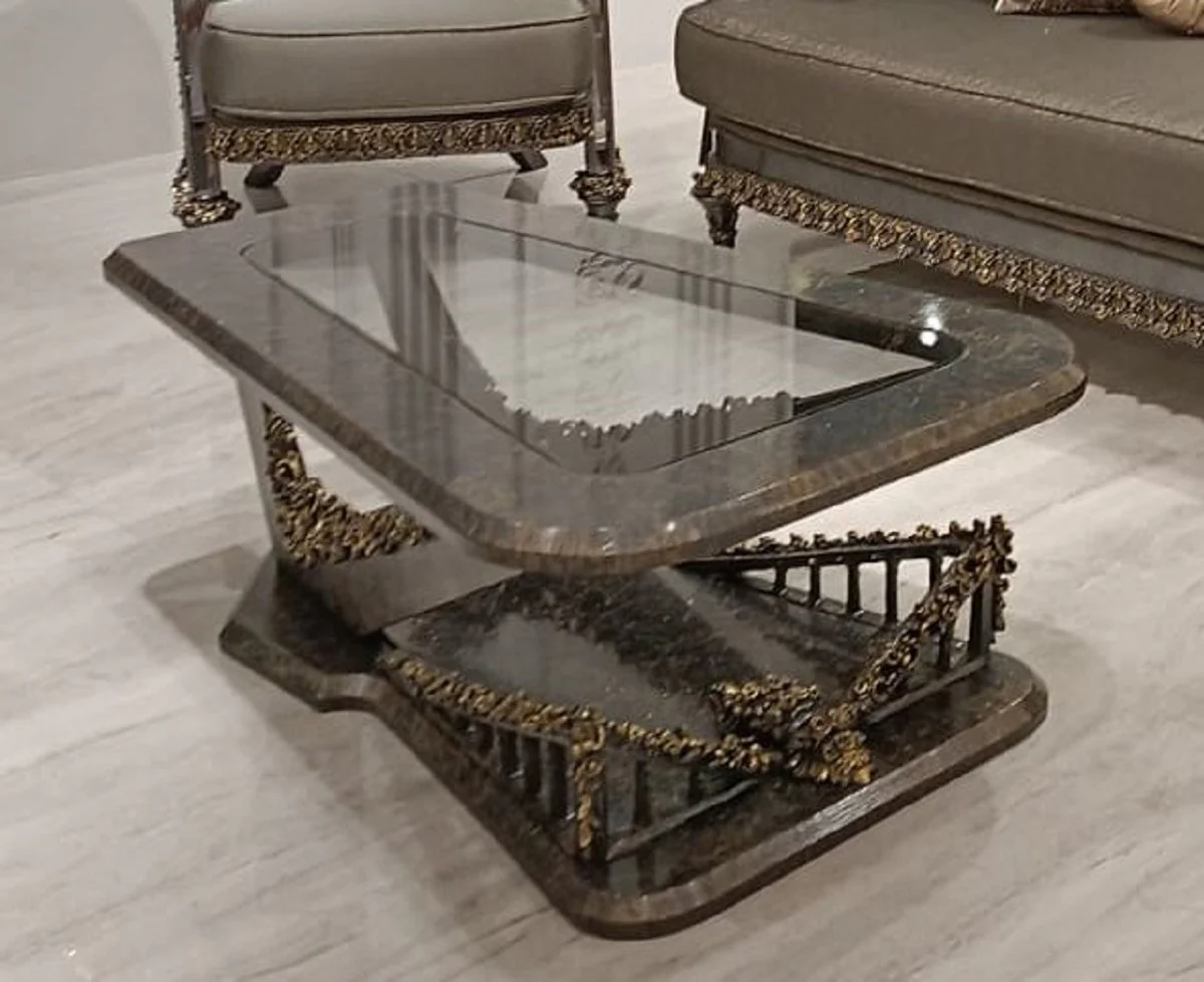 Luxus Barock Couchtisch mit Glasplatte Grau / Gold - Rechteckiger Wohnzimmertisch im Barockstil - Barock Möbel - Luxus Möbel im Barockstil - Barock Einrichtung - Edel & Prunkvoll