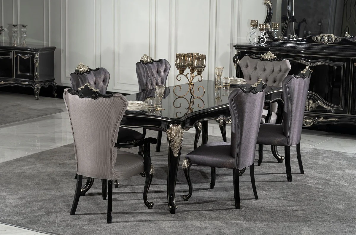 Luxus Barock Esszimmer Stuhl 4er Set mit Armlehnen Silber / Schwarz / Silber - Prunkvolle Barockstil Küchen Stühle - Luxus Barock Esszimmer Möbel - Edel & Prunkvoll