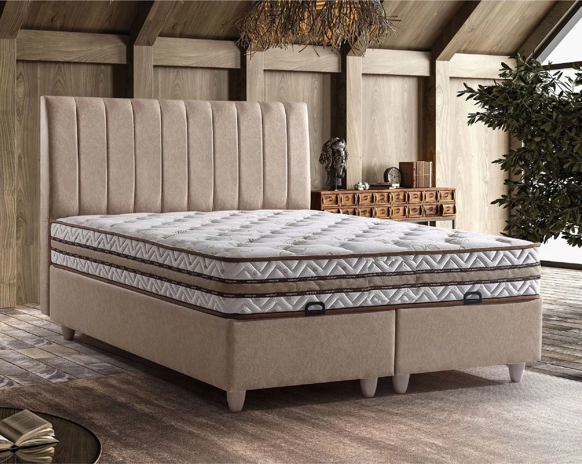 Luxus Doppelbett Beige / Weiß - Verschiedene Größen - Massivholz Bett mit Kopfteil und Matratze - Schlafzimmer Möbel - Hotel Möbel - Luxus Möbel