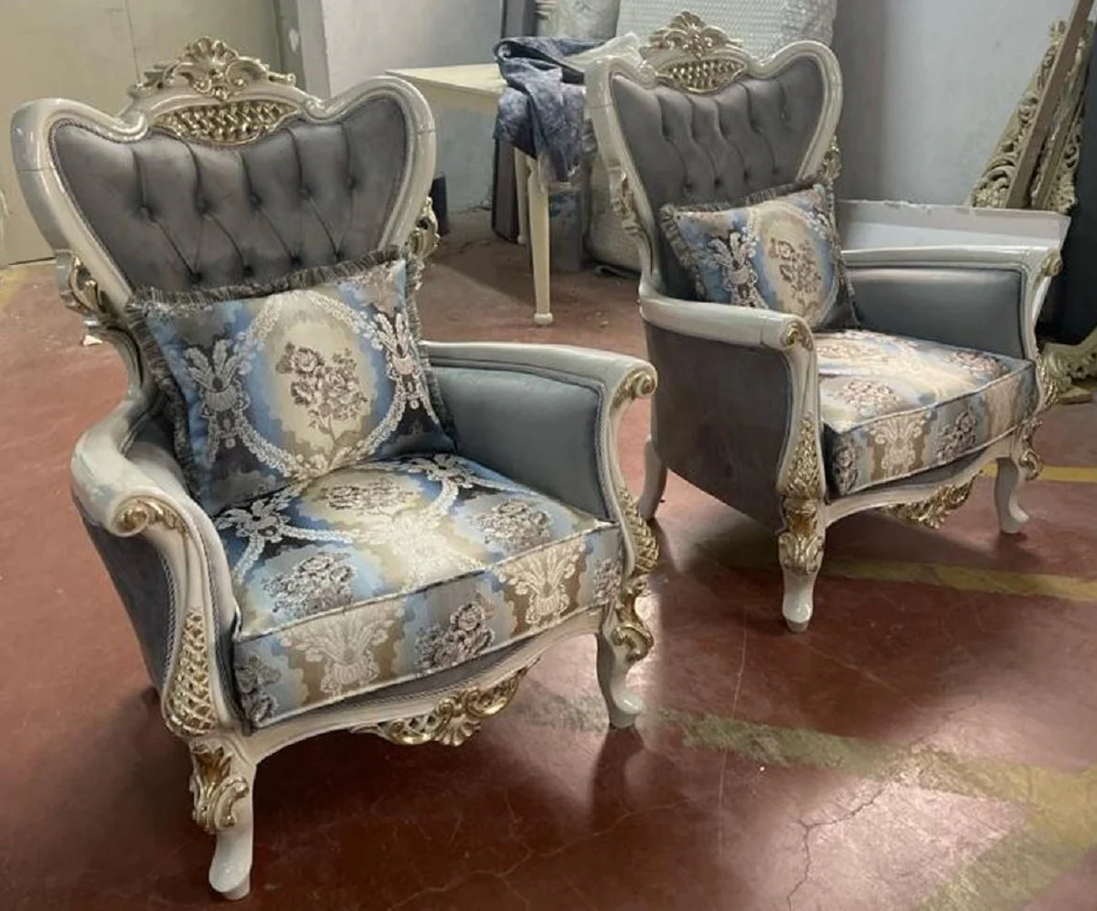 Luxus Barock Wohnzimmer Set Grau / Mehrfarbig / Weiß / Gold - 2 Barock Sofas & 2 Barock Sessel & 1 Barock Couchtisch - Handgefertigte Barock Wohnzimmer Möbel - Edel & Prunkvoll
