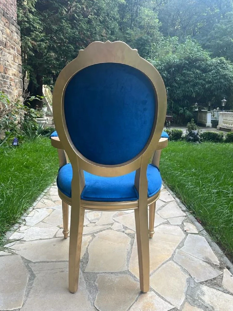 Luxus Barock Esszimmer Stuhl Blau / Gold - Handgefertigter Antik Stil Stuhl mit Armlehnen und edlem Samtstoff - Esszimmer Möbel im Barockstil