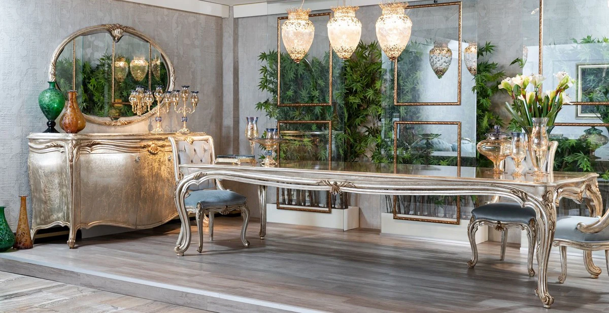 Luxus Barock Esszimmer Set Hellblau / Silber / Gold - 1 Barock Esstisch & 8 Barock Esszimmerstühle - Prunkvolle Esszimmer Möbel im Barockstil