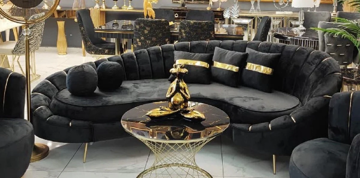 Luxus Sofa Schwarz / Gold 250 x 70 x H. 80 cm - Wohnzimmer Sofa - Hotel Sofa - Wohnzimmer Möbel - Hotel Möbel - Luxus Möbel - Wohnzimmer Einrichtung - Luxus Einrichtung
