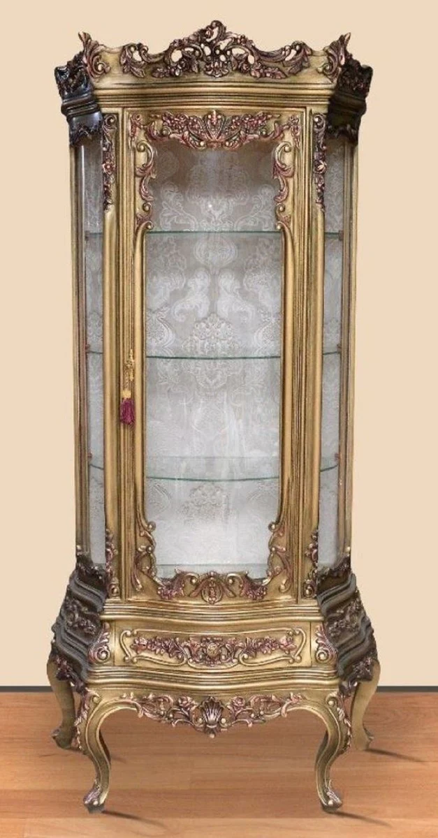 Barock Vitrine Antik Gold - Prunkvoller Barock Vitrinenschrank mit Glastür und Schublade - Handgefertigte Barock Wohnzimmer Möbel
