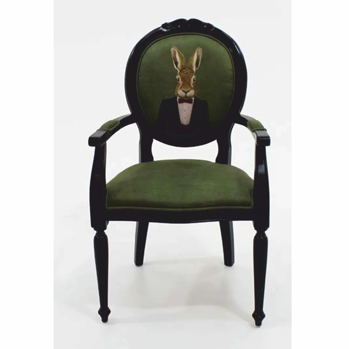 Luxus Barock Samt Esszimmer Stuhl mit Armlehnen Gentleman Hase Grün / Schwarz