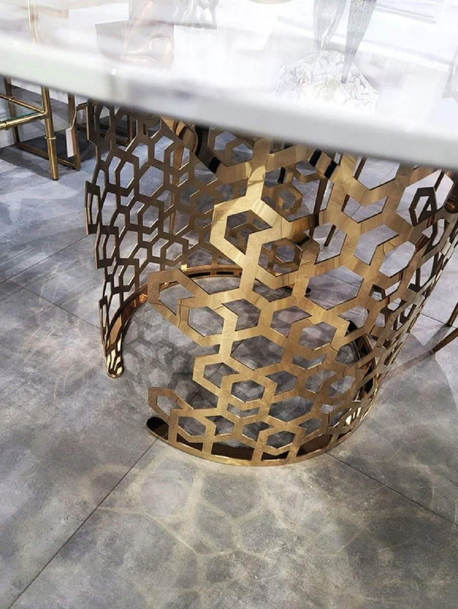 Luxus Esstisch Weiß / Gold Ø 135 x H. 76 cm - Runder Esszimmer Tisch mit Kunstmarmor Tischplatte - Esszimmer Möbel - Luxus Möbel - Luxus Einrichtung