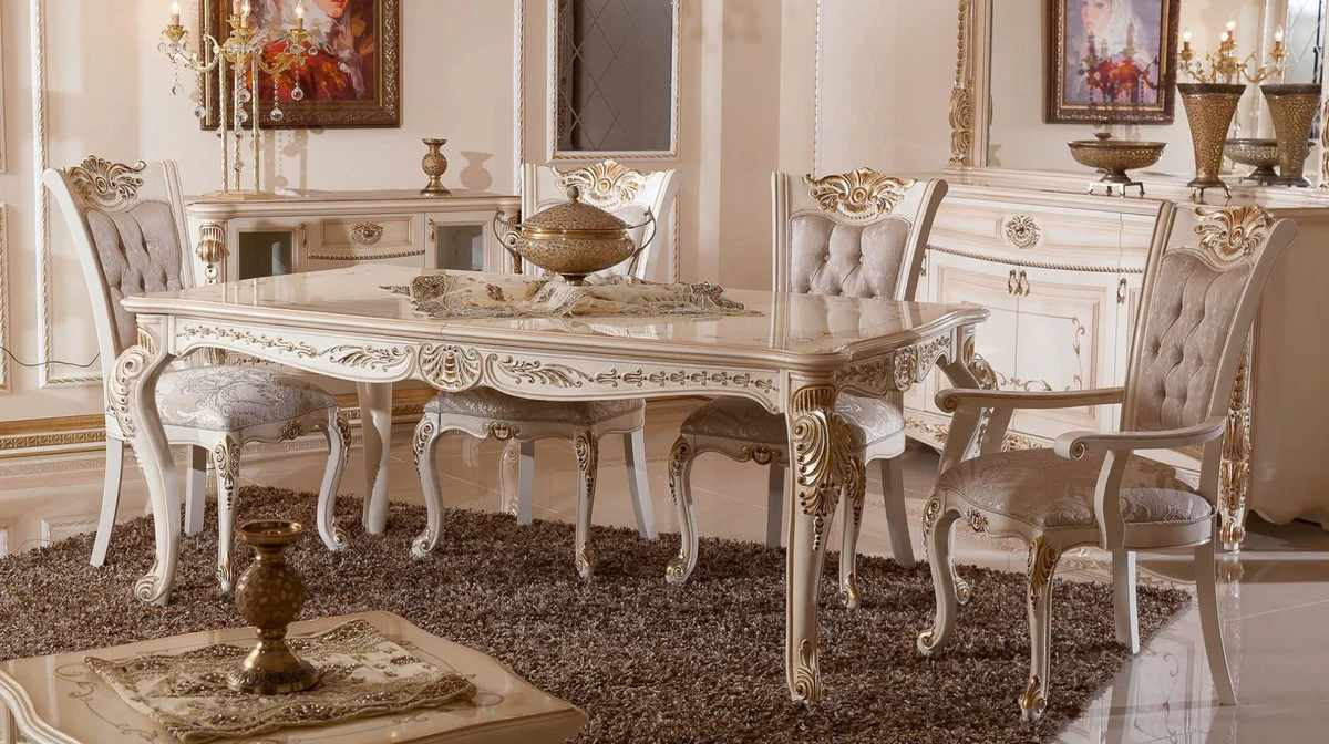 Luxus Barock Esszimmer Set Grau / Weiß / Beige / Gold - 1 Barock Esstisch & 6 Barock Esszimmerstühle - Luxus Esszimmer Möbel im Barockstil - Prunkvolle Barock Esszimmer Möbel