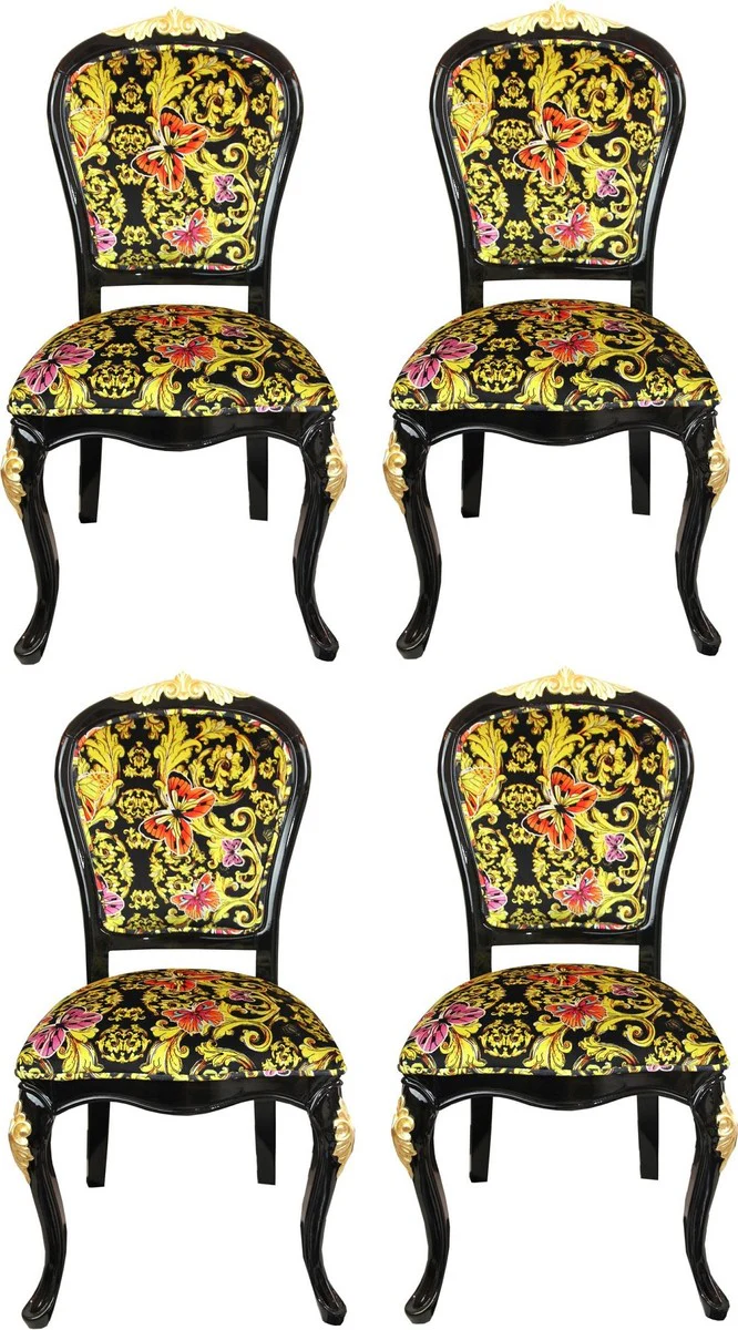 Pompöös by Luxus Barock Esszimmerstühle Butterflies & Flowers Mehrfarbig / Schwarz / Gold - Pompööse Barock Stühle designed by Harald Glööckler - 4 Esszimmerstühle - Barock Esszimmermöbel