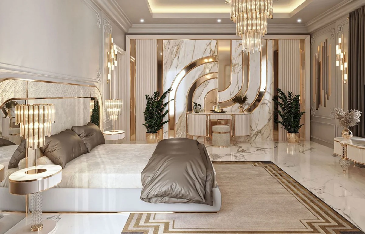 Luxus Art Deco Schminkkommode Creme / Weiß / Gold 188 x 60 x H. 89 cm - Schminktisch mit Kunstmarmor Platte - Art Deco Schlafzimmer Möbel - Luxus Schlafzimmer Möbel