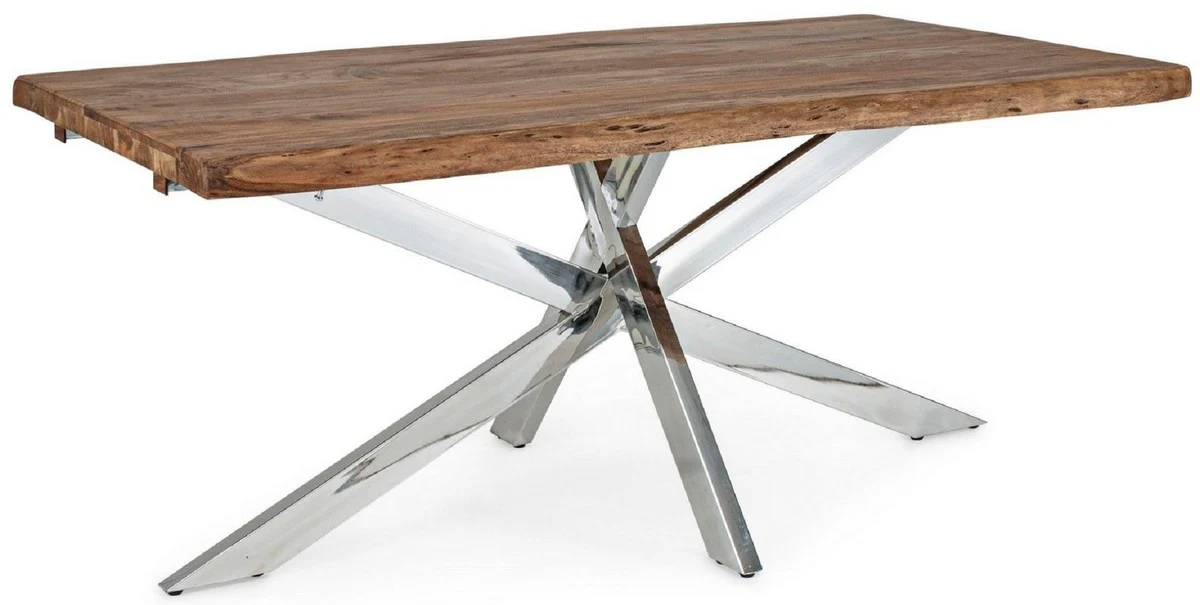 Luxus Esstisch Braun / Silber 180-260 x 90 x H. 77 cm - Ausziehbarer Küchentisch mit Massivholz Tischplatte und Edelstahl Beinen - Esszimmer Möbel - Küchen Möbel - Luxus Möbel