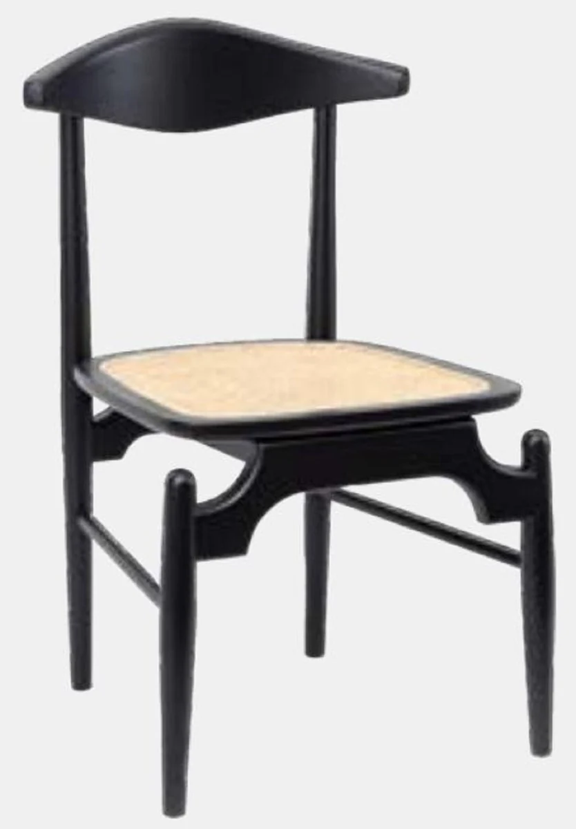 Luxus Esszimmerstuhl 6er Set Schwarz / Naturfarben 53 x 54 x H. 85 cm - Luxus Massivholz Küchen Stühle mit Rattan Sitzfläche - Esszimmer Möbel - Küchen Möbel - Luxus Möbel