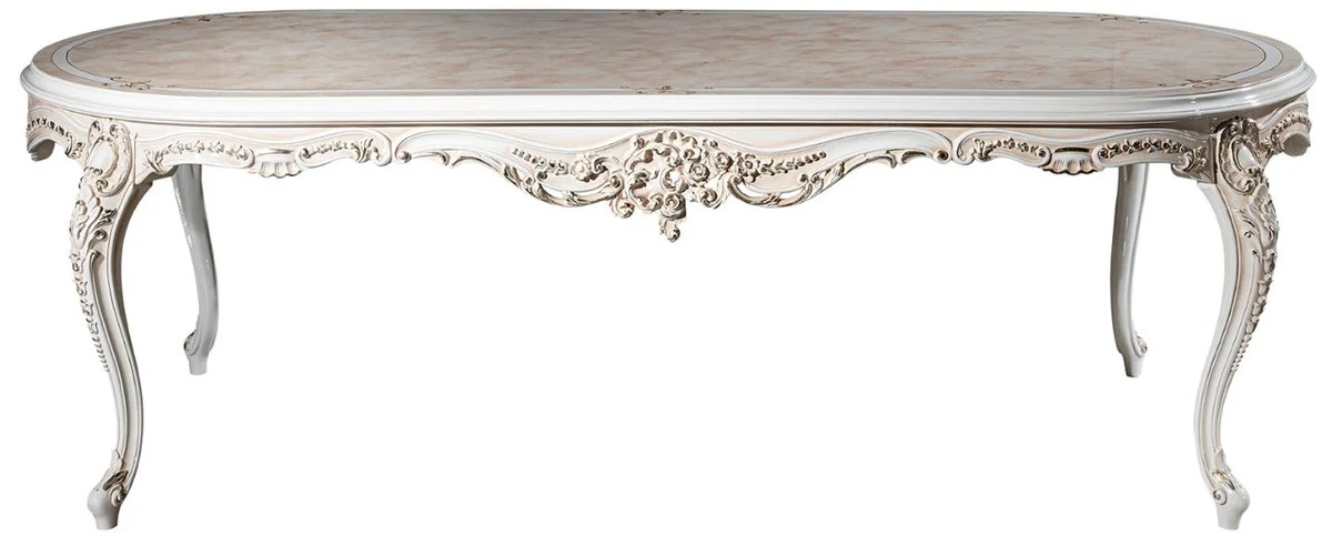 Luxus Barock Esstisch Beige / Weiß / Gold 247 x 110 x H. 80 cm - Ovaler Massivholz Esszimmertisch - Barock Esszimmer Möbel - Edel & Prunkvoll