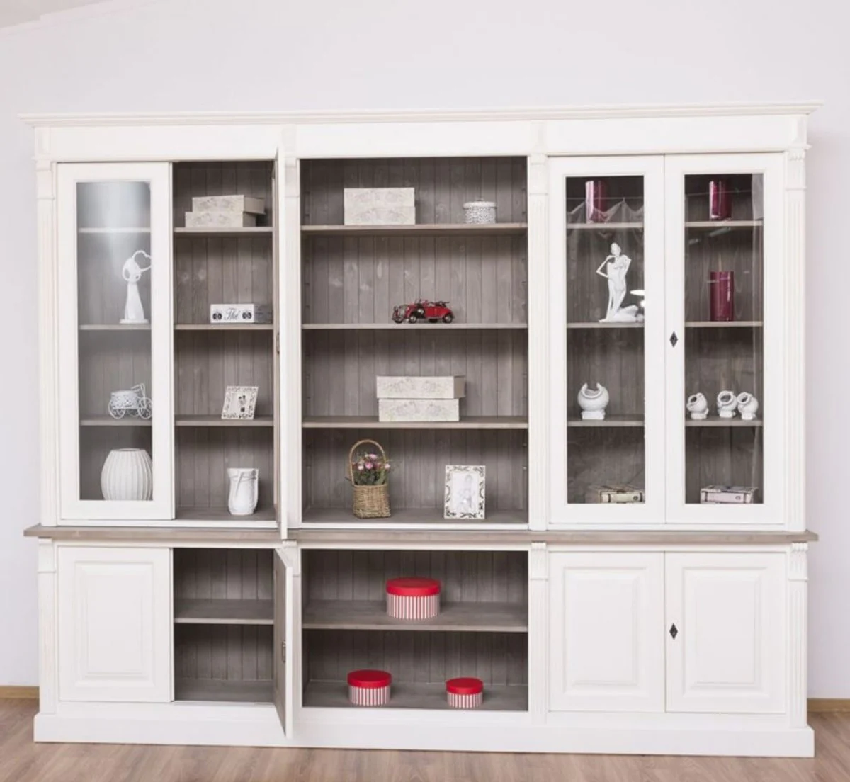 Landhausstil Bücherschrank Weiß / Braungrau 286 x 51 x H. 228 cm - Massivholz Schrank - Wohnzimmerschrank - Büroschrank - Landhausstil Möbel