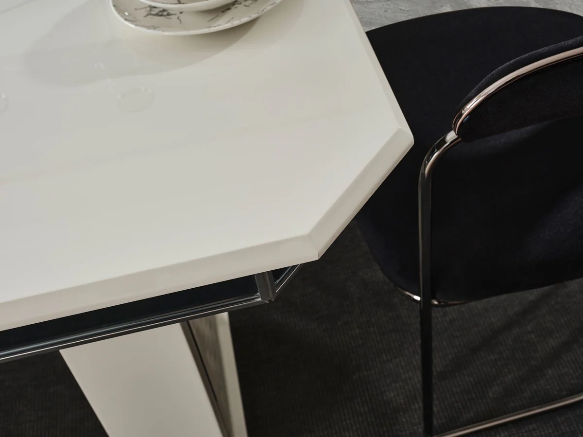 Luxus Art Deco Esszimmer Set Schwarz / Weiß / Bronze - 1 Ausziehbarer Esstisch & 6 Esszimmerstühle mit Armlehnen - Esszimmer Möbel - Art Deco Möbel - Luxus Möbel