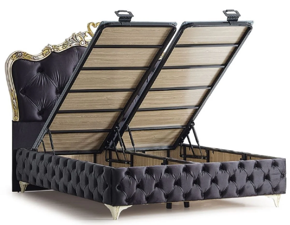 Luxus Barock Schlafzimmer Möbel Set Schwarz / Cremefarben / Gold - Verschiedene Größen - 1 Barock Doppelbett mit Matratze & 2 Barock Nachtkommoden - Barock Schlafzimmer & Hotel Möbel