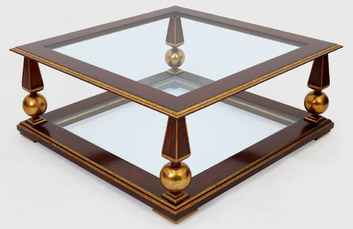 Luxus Barock Couchtisch Dunkelbraun / Antik Gold 113 x 113 x H. 47 cm - Prunkvoller Massivholz Wohnzimmertisch mit Glasplatten - Barock Wohnzimmer Möbel