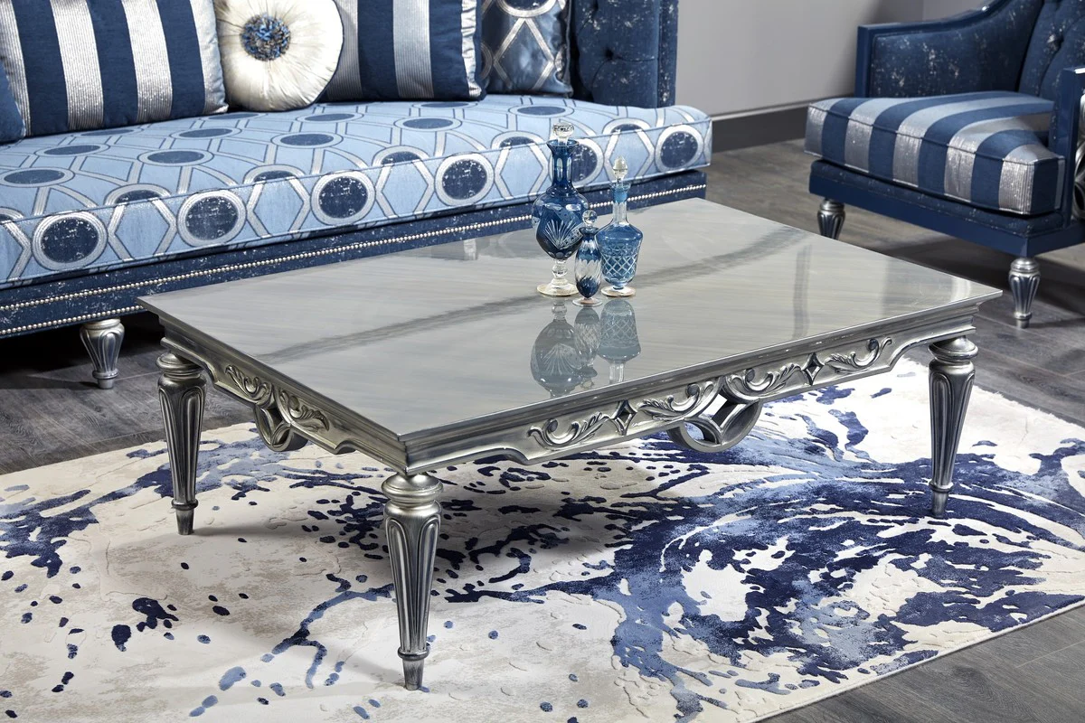 Luxus Barock Wohnzimmer Set Dunkelblau / Hellblau / Silber - Sofa & 2 Sessel & Couchtisch - Barock Wohnzimmermöbel