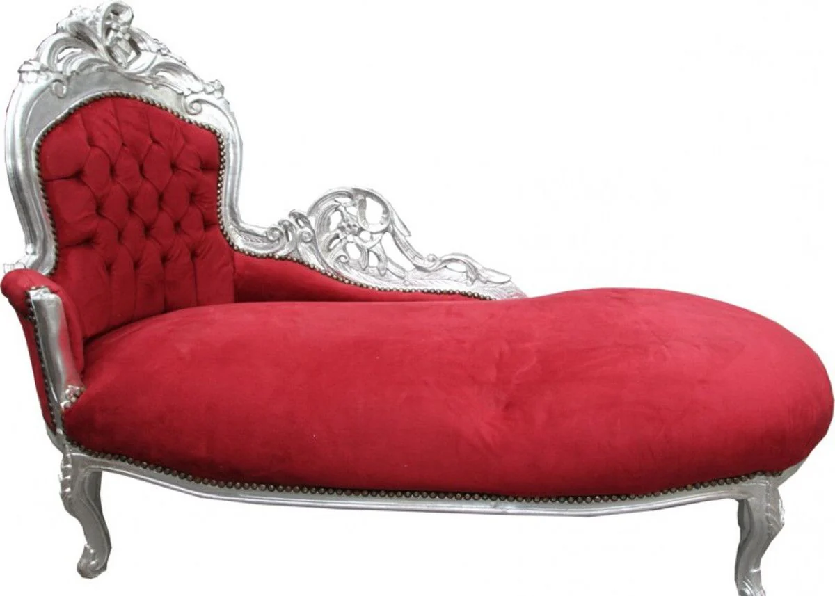 Barock Chaiselongue Bordeaux Rot / Silber -Wohnzimmer Liege Recamiere Möbel