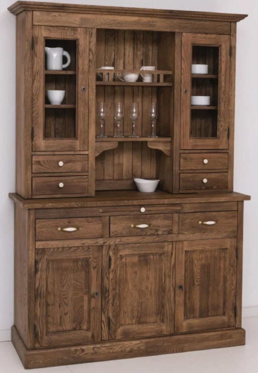 Landhausstil Esszimmerschrank Dunkelbraun 137 x 50 x H. 197 cm - Massivholz Küchenschrank - Esszimmer Möbel im Landhausstil - Landhausstil Esszimmer Einrichtung