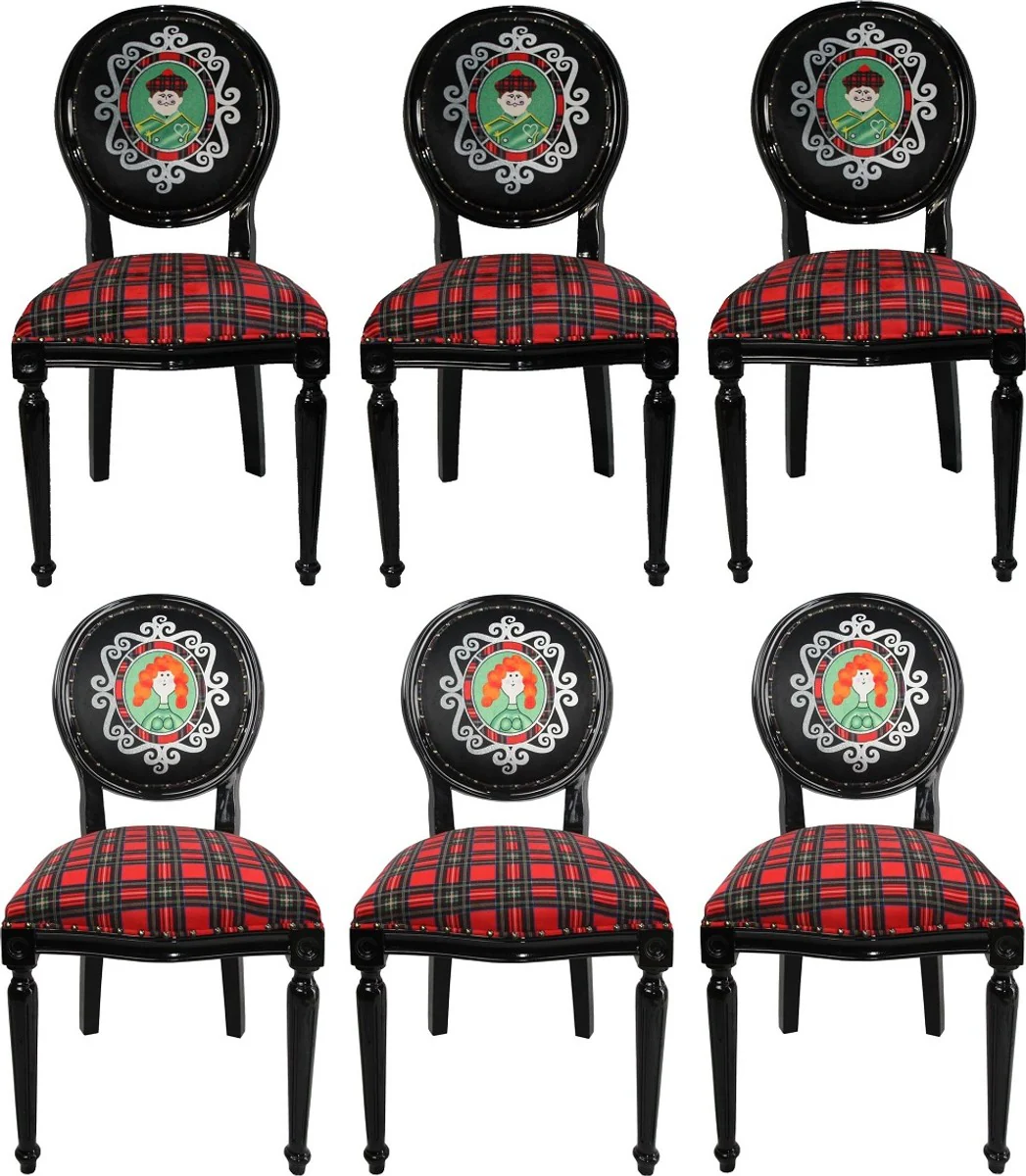 Luxus Barock Esszimmer Set Schottland Mann und Frau Mehrfarbig / Schwarz 48 x 50 x H. 98 cm - 6 handgefertigte Esszimmerstühle - Barock Esszimmermöbel