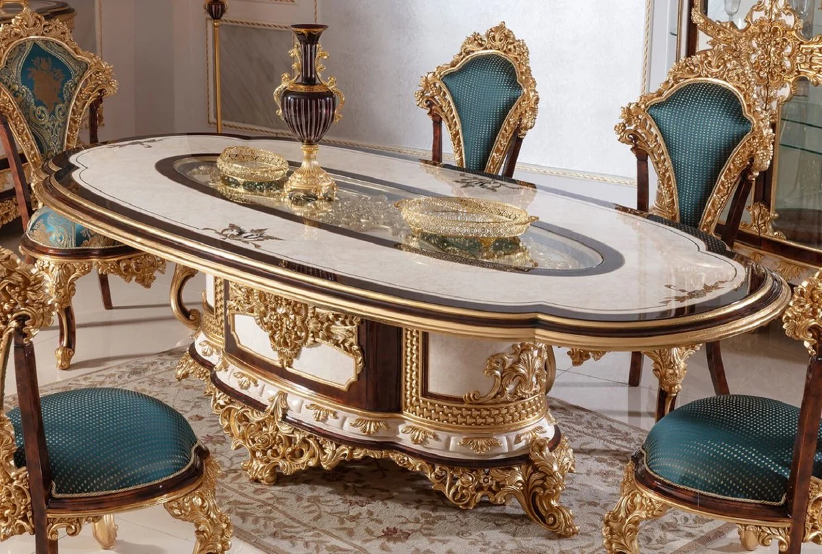 Luxus Barock Esstisch Weiß / Braun / Gold - Prunkvoller Massivholz Esszimmertisch im Barockstil - Barock Esszimmer Möbel - Edel & Prunkvoll
