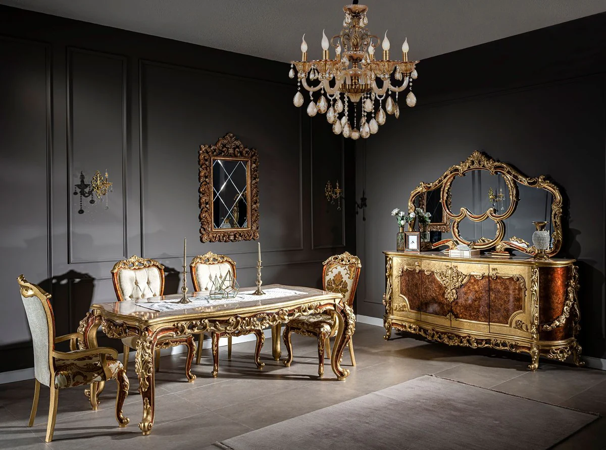 Luxus Barock Esszimmer Stuhl Set Weiß / Gold / Braun / Gold 57 x 54 x H. 115 cm - Edles Küchen Stühle 6er Set im Barockstil - Barock Esszimmer Möbel