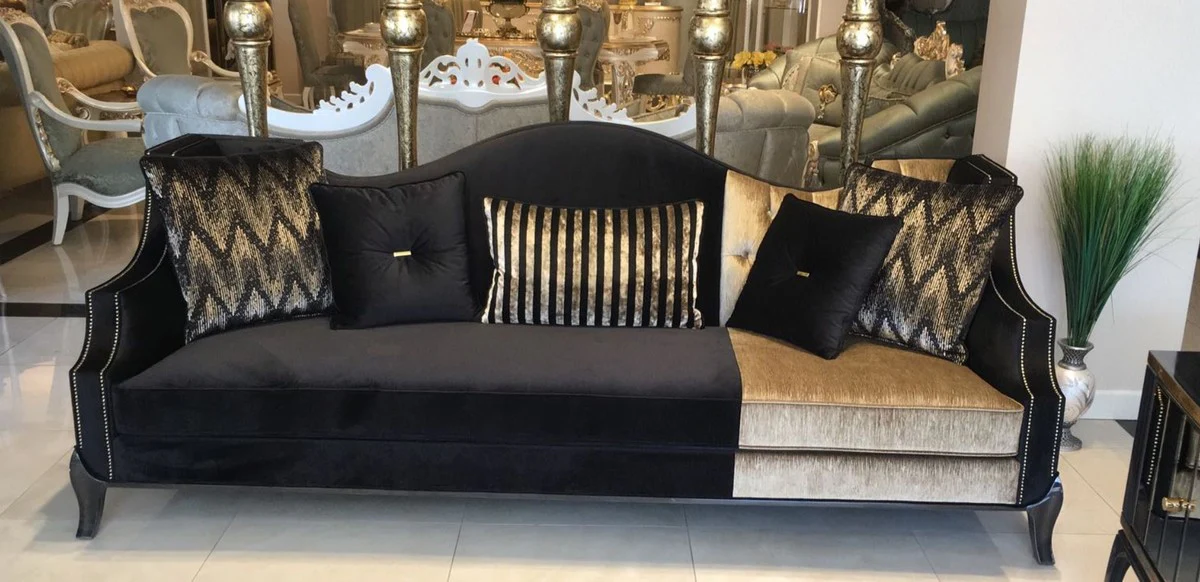 Luxus Barock Sofa Schwarz / Gold 250 x 90 x H. 100 cm - Wohnzimmer Sofa im Barockstil - Barock Möbel - Edel & Prunkvoll