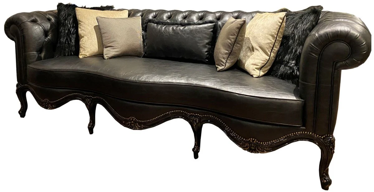 Luxus Barock Chesterfield Leder Sofa Schwarz 250 x 95 x H. 83 cm - Echtleder Wohnzimmer Sofa im Barockstil - Edel & Prunkvoll