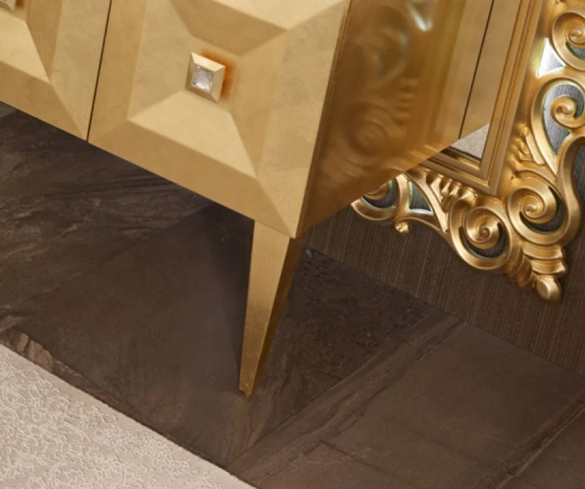 Luxus Barock Badezimmer Set Gold - Waschtisch mit Waschbecken und Wandspiegel - Prunkvolle Badezimmermöbel im Barockstil