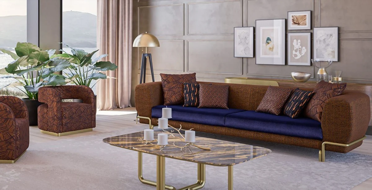 Luxus Sofa Braun / Lila / Messing 300 x 100 x H. 75 cm - Wohnzimmer Sofa - Hotel Sofa - Wohnzimmer Möbel - Hotel Möbel - Luxus Möbel - Luxus Einrichtung