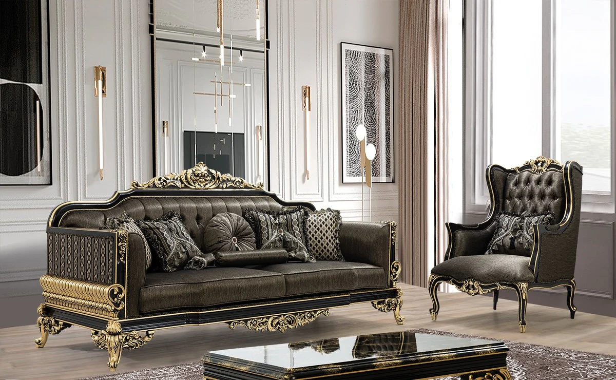 Luxus Barock Wohnzimmer Sofa mit Kissen Grau / Schwarz / Gold 235 x 93 x H. 115 cm - Barock Möbel - Edel & Prunkvoll