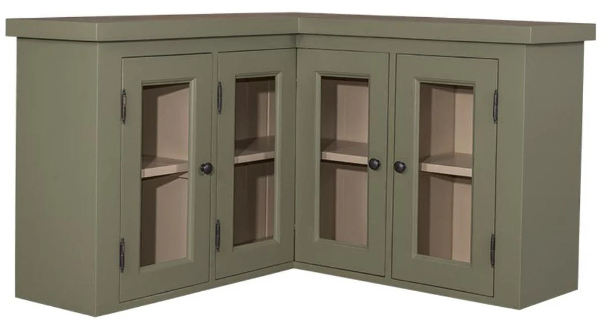 Landhausstil Küchen Eckoberschrank Grün / Beige 98 x 98 x H. 65 cm - Landhausstil Hängeschrank mit 3 Glastüren