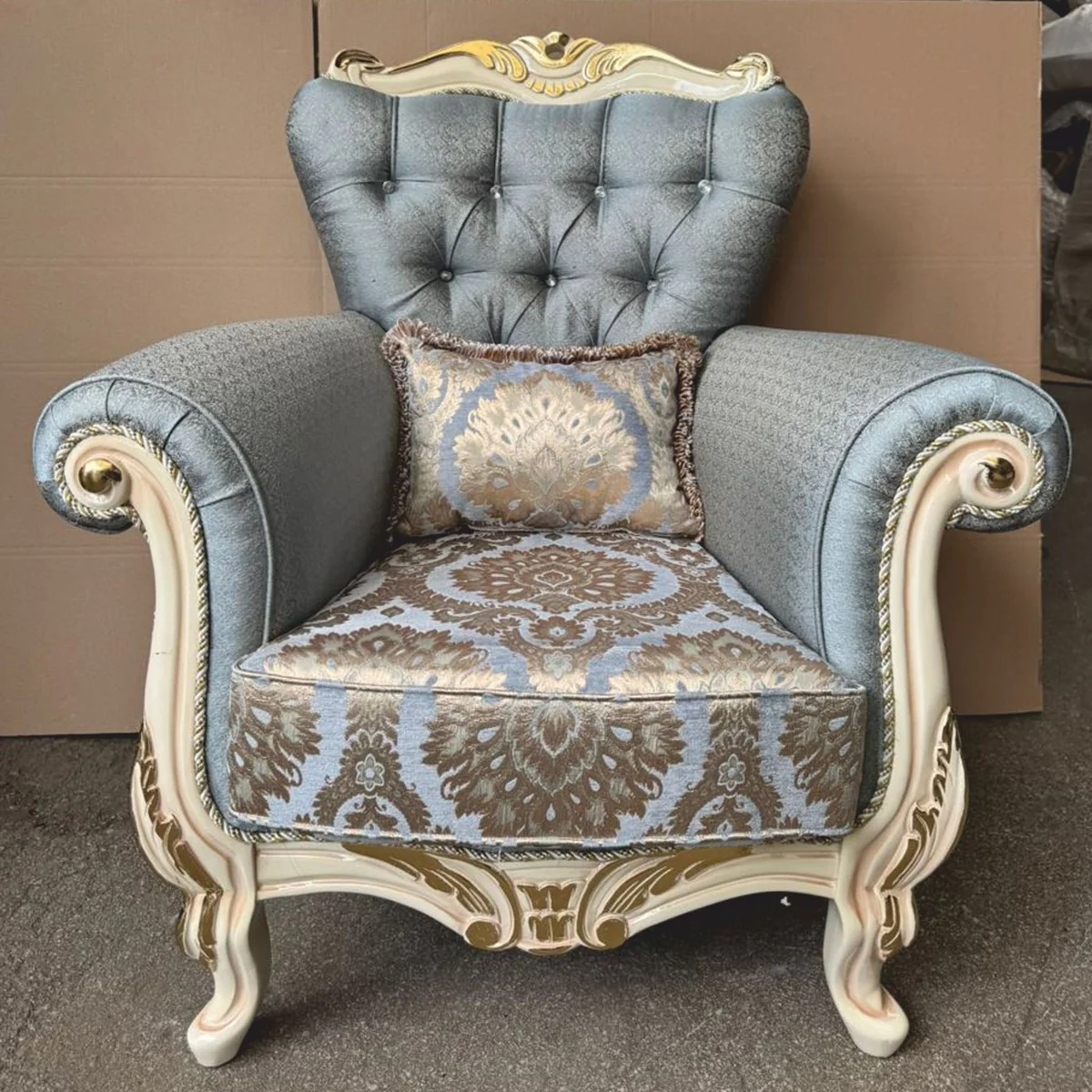 Barock Wohnzimmer Sessel Hellblau / Creme / Gold - Barock Möbel