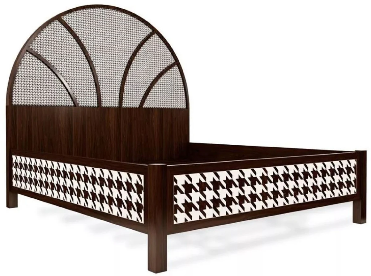 Luxus Art Deco Doppelbett Dunkelbraun / Weiß 214 x 191 x H. 180 cm - Massivholz Bett - Schlafzimmer Möbel - Hotel Möbel - Art Deco Möbel - Luxus Möbel