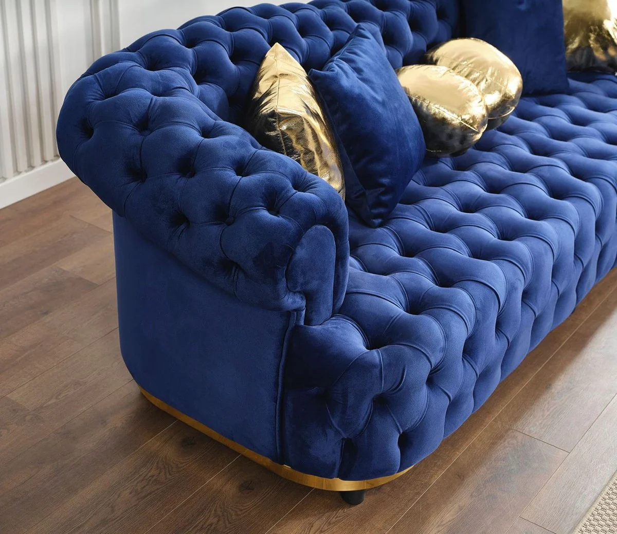 Luxus Chesterfield Samt Sofa Blau / Gold / Schwarz 240 cm