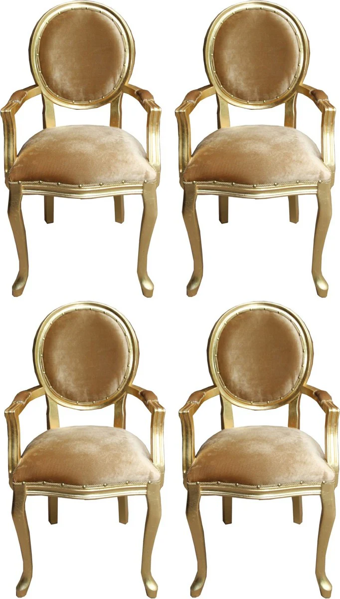 Luxus Barock Esszimmer Set Medaillon Gold / Gold 58 x 54 x H. 103 cm - 4 handgefertigte Esszimmerstühle mit Armlehnen - Barockmöbel