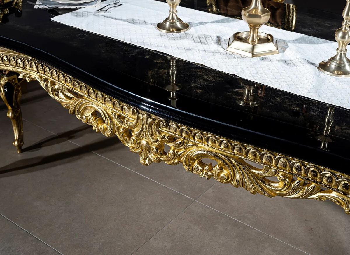 Luxus Barock Esstisch Schwarz / Gold 230 x 114 x H. 80 cm - Prunkvoller Massivholz Esszimmertisch - Esszimmer Möbel im Barockstil