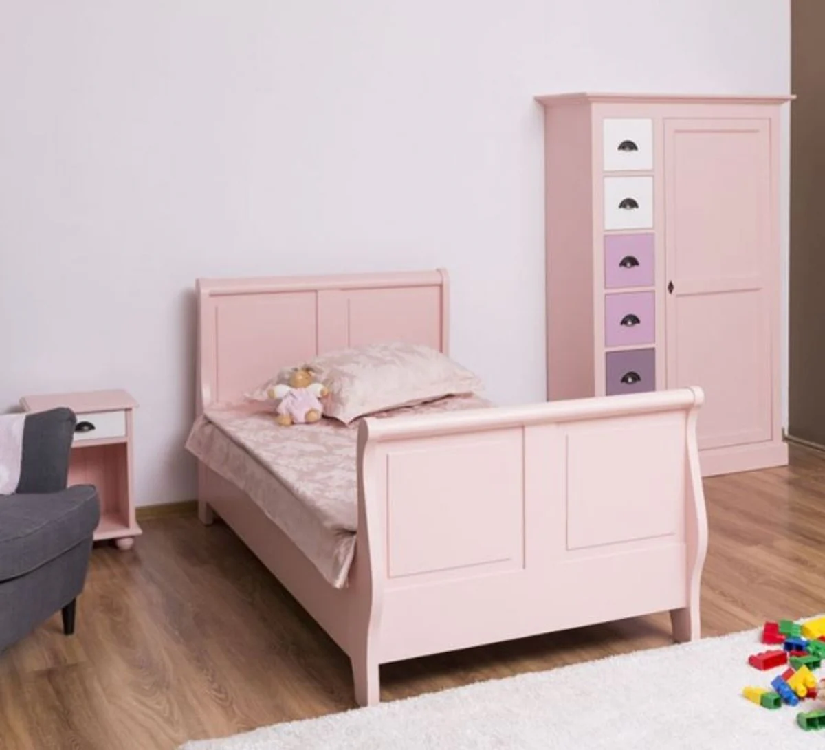 Landhausstil Massivholz Kinderzimmer Möbel Set Rosa / Weiß / Lila - 1 Einzelbett & 1 Kleiderschrank & 1 Nachttisch - Landhausstil Möbel