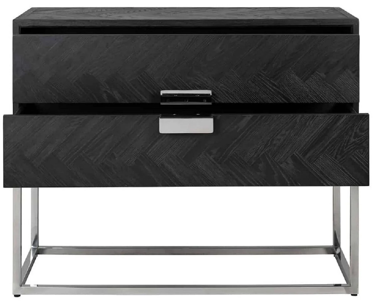 Luxus Massivholz Kommode mit 2 Schubladen Schwarz / Silber 108 x 45 x H. 87 cm - Wohnzimmer Möbel - Hotel Möbel - Luxus Kollektion