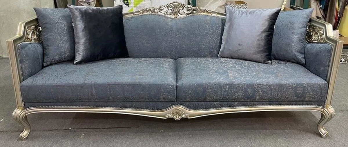 Luxus Barock Sofa Blau / Silber / Gold - Prunkvolles Wohnzimmer Sofa - Barockstil Wohnzimmer Möbel - Barock Einrichtung - Luxus Möbel im Barockstil - Edel & Prunkvoll