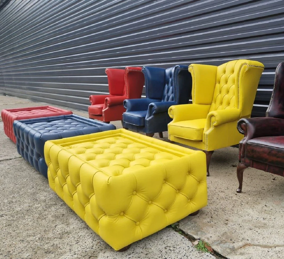 Luxus Chesterfield Ohrensessel Gelb / Dunkelbraun 98 x 90 x H. 110 cm - Echtleder Chesterfield Wohnzimmer Sessel - Wohnzimmer Möbel - Chesterfield Möbel - Luxus Leder Möbel